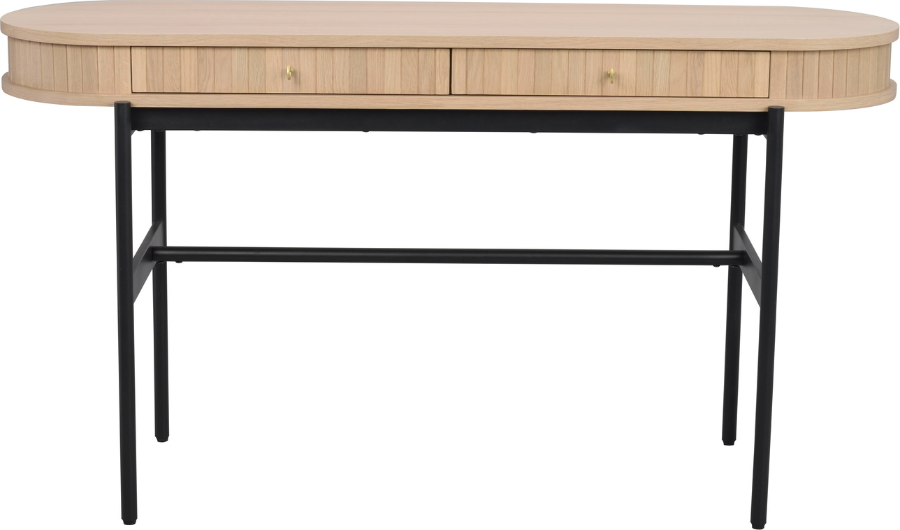 Rowico Haddington konsolbord 142x47x77 cm i hvidkalket egetræ med sort metalbase og 2 skuffer med softlukning