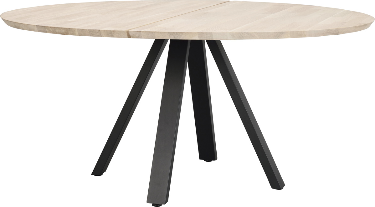 Rundt spisebord Rowico Carradale Ø150 cm hvidkalket egetræ med sorte V-formede pulverlakerede metalben