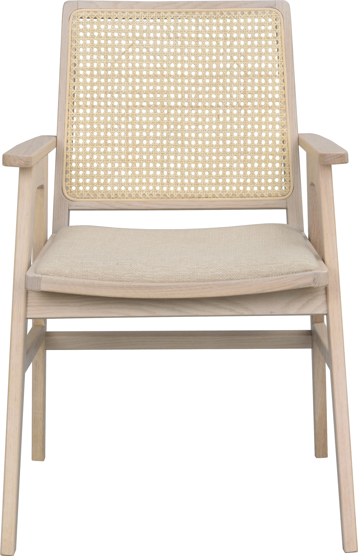 Spisebordsstol med armlæn Rowico Prestwick i hvidvasket egetræ med rattanryg og beige polypropylen