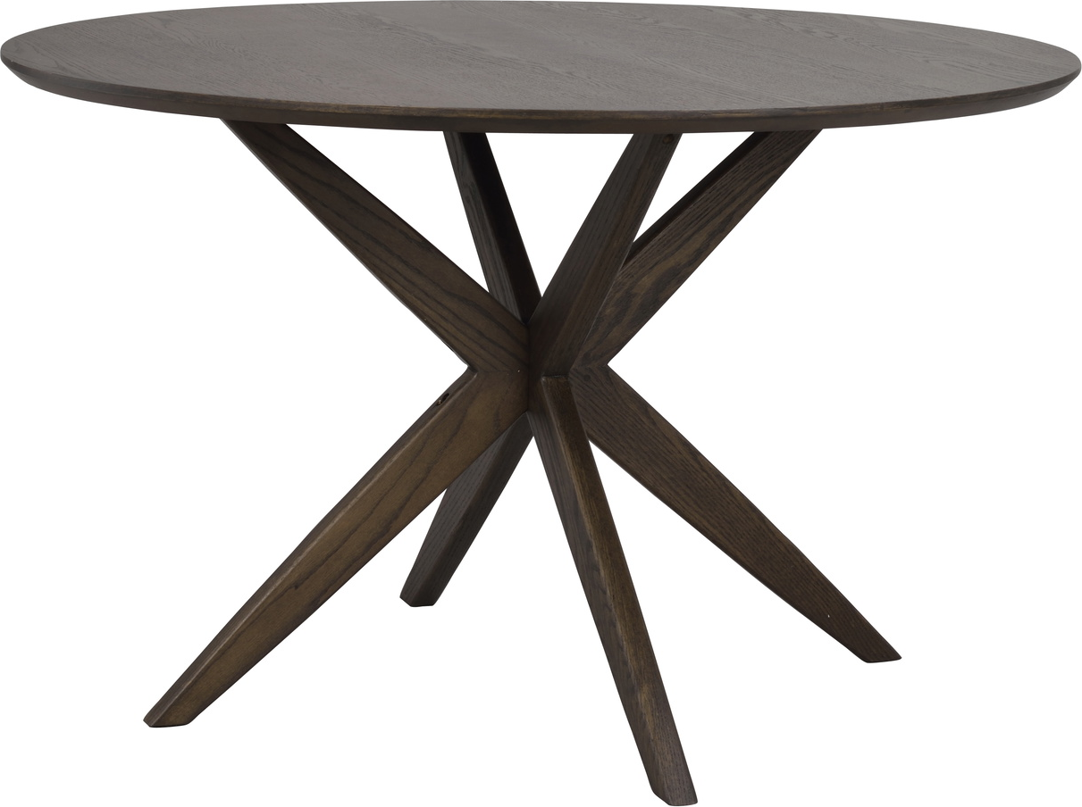 Spisebord Rowico Calverton rund Ø120 cm lakeret egetræsfinér i varm brun nuance med skulpturel stjerneform i massivt egetræ