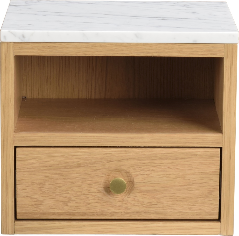 Sengebord og natbord Rowico Whitmore væghængt i lakeret eg med hvid marmortop