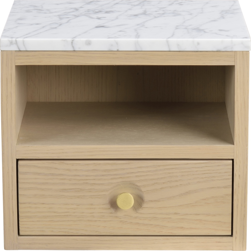 Sengebord natbord Rowico Whitmore hvidvasket egetræsfinér med hvid marmortop væghængt 24×28×25 cm