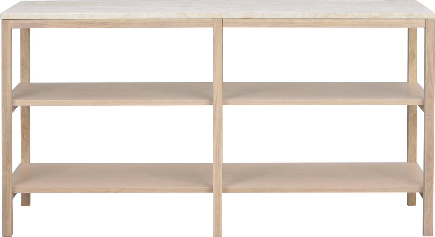 Konsolbord Rowico Orwel i massivt egetræ og ubehandlet italiensk travertin beige/hvidvasket 140x40x75 cm