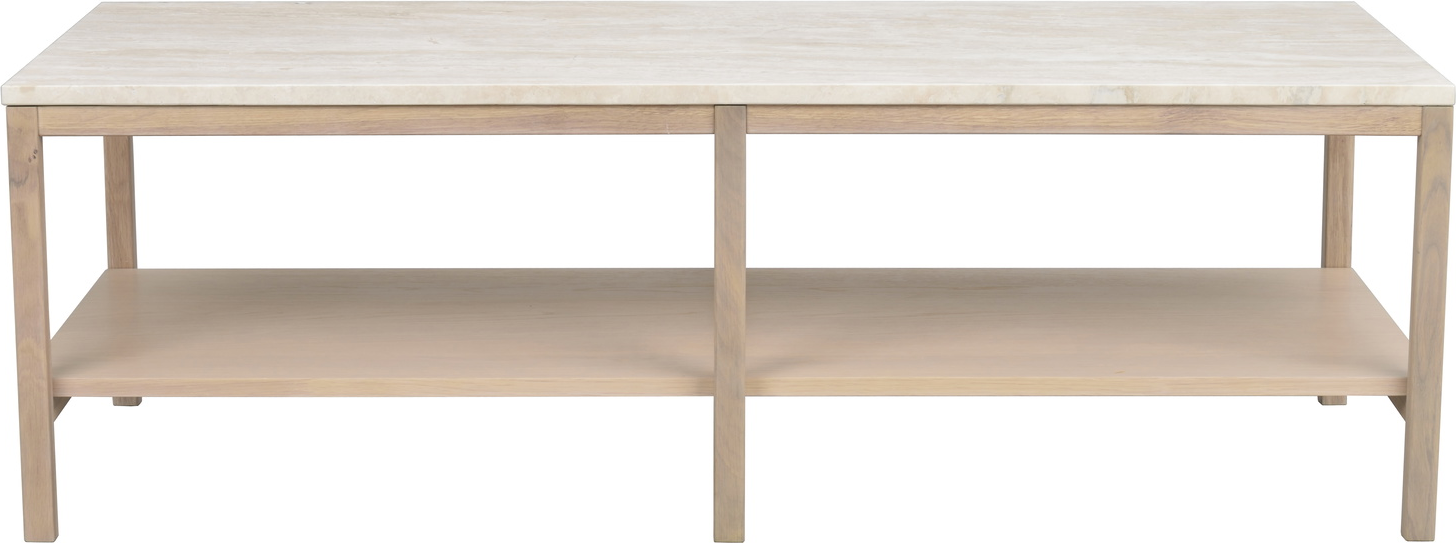 Sofabord Rowico Orwel loungebord i beige italiensk travertin og hvidvasket massiv eg med hylde L140 x B60 x H45 cm