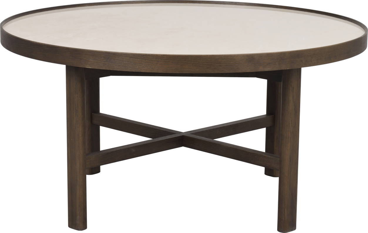 Sofabord Rowico Marsden Ø90 x H45 cm beige keramikbord & brun lakeret egetræ rund