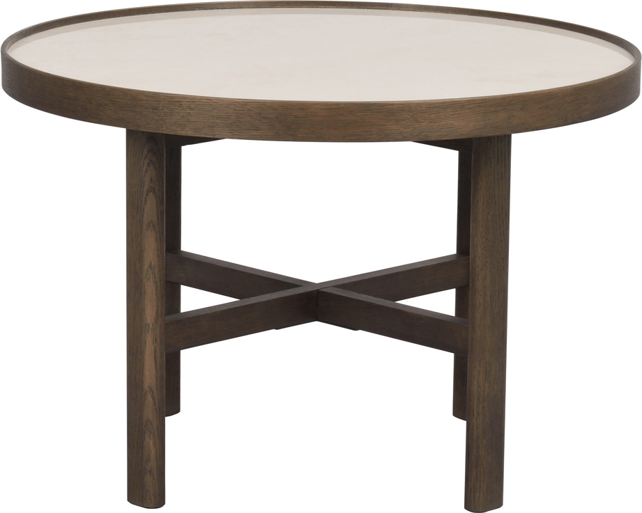 Sofabord Rowico Marsden Ø60 x H40 cm - bordplade i beigefarvet keramisk sten og stel i massivt egetræ