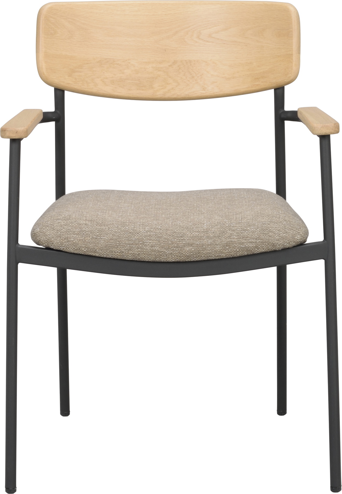 Spisebordsstol med armlæn Rowico Maymont 2-pak - FSC-certificeret stabelbar eg/sort stel & polstret mørk beige sæde