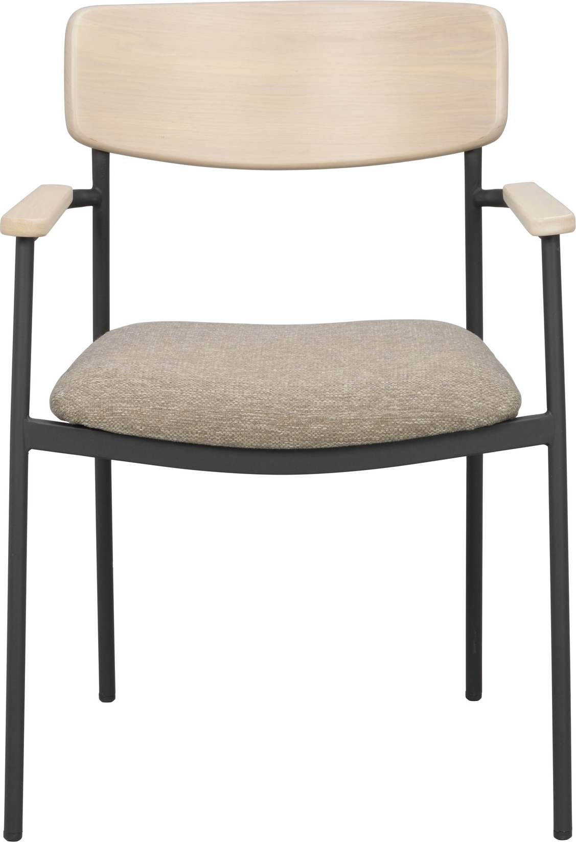 Spisebordsstol med armlæn Rowico Maymont hvidvasket FSCÂ®-egetræ/mørk beige stof/sorte metalben stabelbar