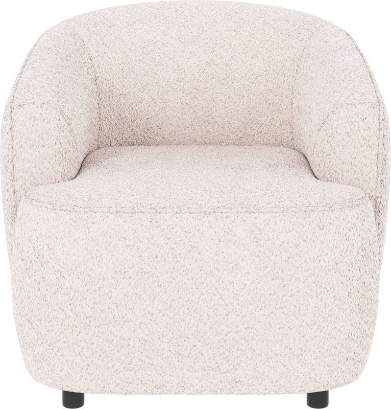 Loungestol/lænestol Rowico Dermot, bouclé hvid polyester, FSC-mix træramme, Nosag-fjedre, H77 x B85 x D90 cm