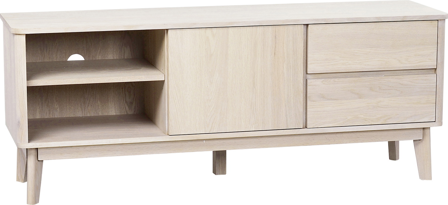TV-bord/TV-bænk Rowico Yumi i hvidkalket egetræsfiner med softlukning og flytbar hylde 152 x 42 x 60 cm