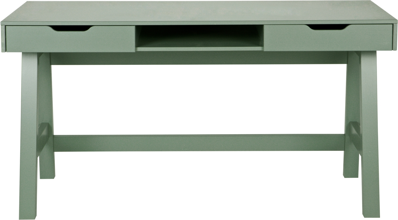 Skrivebord WOOOD Nikki, massivt fyrretræ jadegrøn, L140×D62×H75 cm, 2 skuffer & åben hylde