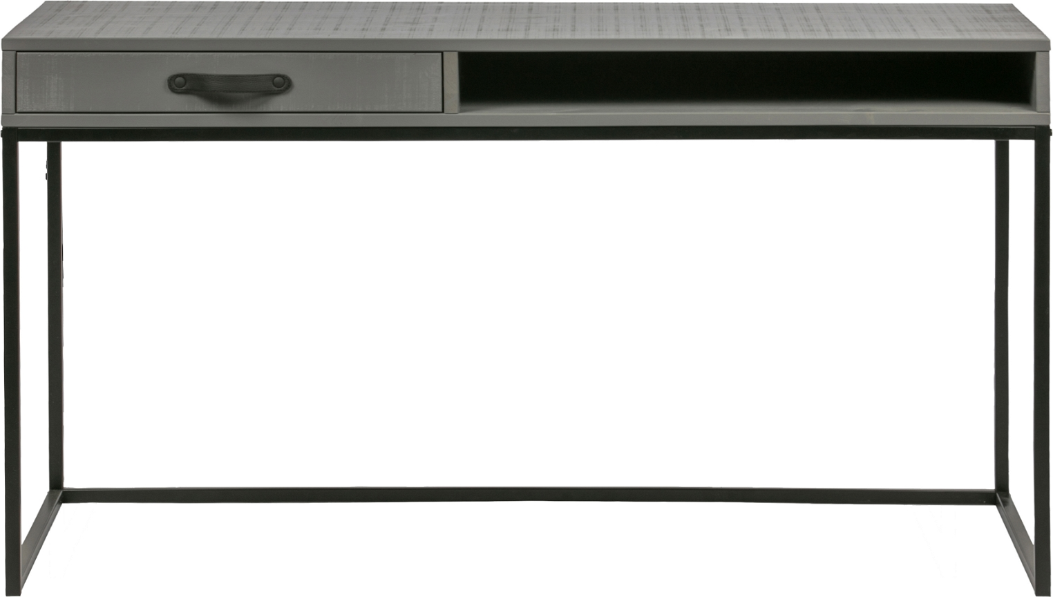 Skrivebord WOOOD Morris af massivt gråt fyrretræ med rustik finish og sort metalramme, 130x58x75 cm