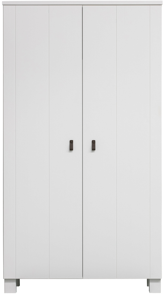 Garderobeskab WOOOD Ties i FSC-certificeret hvidt fyrretræ med børstet finish, læderhåndtag, 3 hylder & delt tøjstang