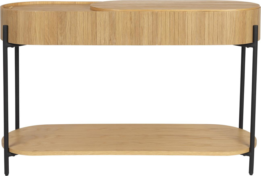Konsolbord Zuiver Slides i mørk sand egfinér med skjult opbevaring og sorte metalben 120 x 36 x 75 cm