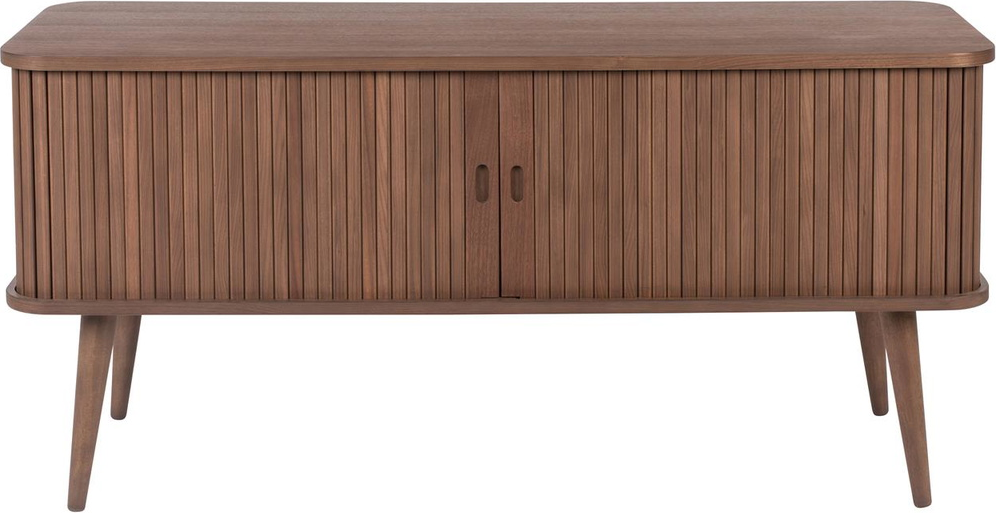 Skænk Zuiver Barbier i valnøddetræsfiner og gummitræ med glashylder og smart kabelføring H58 x B120 x D40 cm