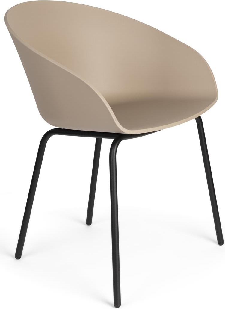 Spisebordsstol Zuiver Void med armlæn, stenlysgrå polypropylen og sorte stålben, kompakt spisestuestol