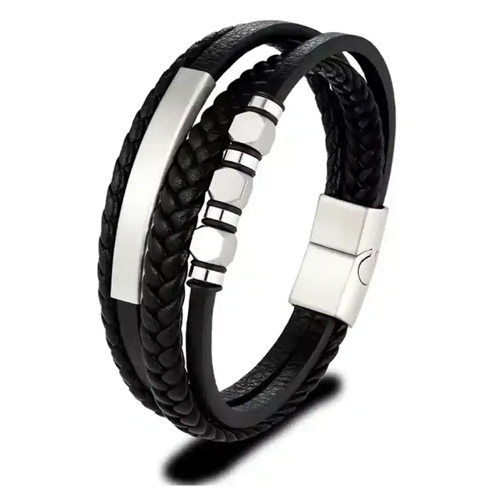 Urban SteelWeave - Sort Herrearmbånd i Imiteret Læder & Rustfrit Stål