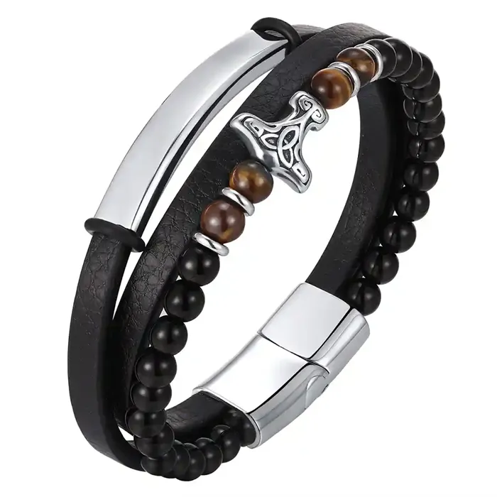 Viking Spirit Armbånd - Sort læder & Tiger Eye perler