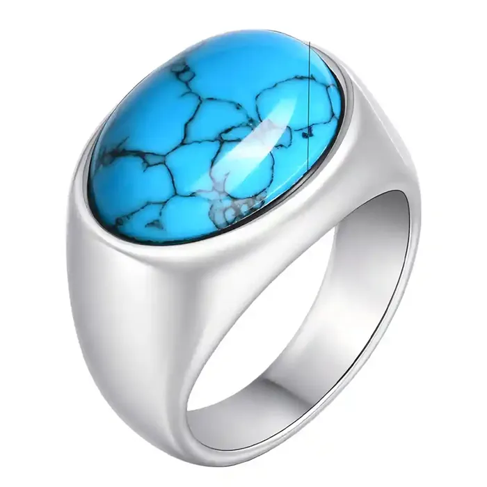 Oval signet med blå lapis og rustfri stål