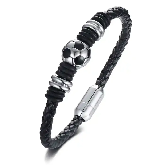 Fodbold Passion Herrearmbånd i Læder & Stål