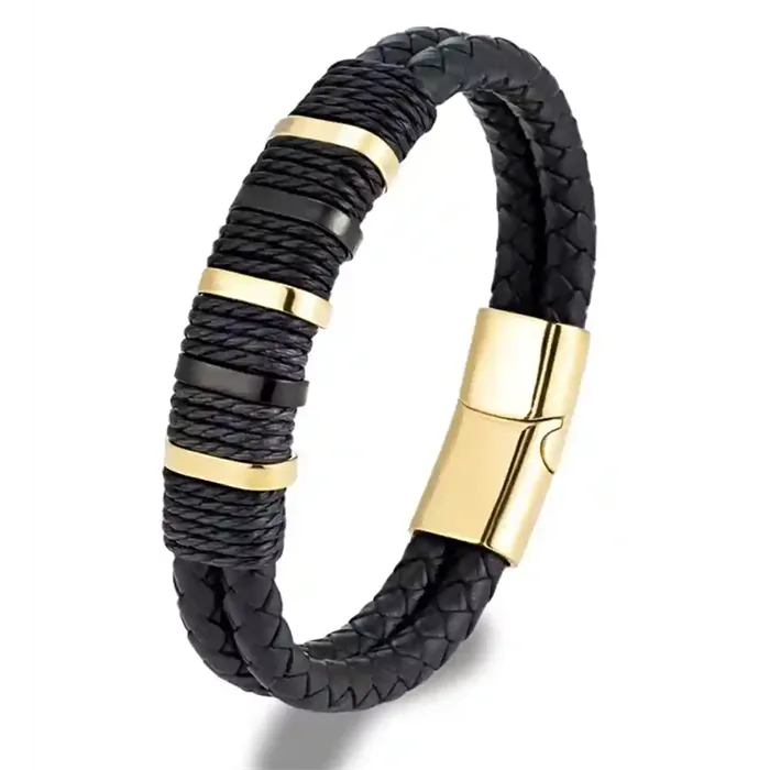 Royal Bolo Duo - Herrearmbånd i Sort Læder & Forgyldt Stål