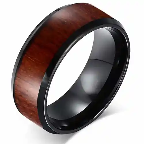 Sort Tungsten ring med træinlay