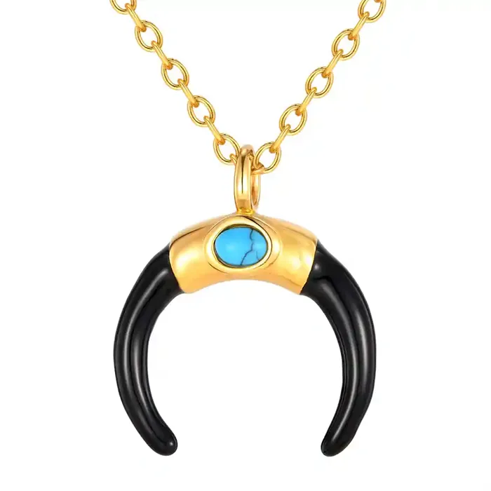 Golden Horn - Herre Halskæde med Turkis Sten og Sort Hornvedhæng