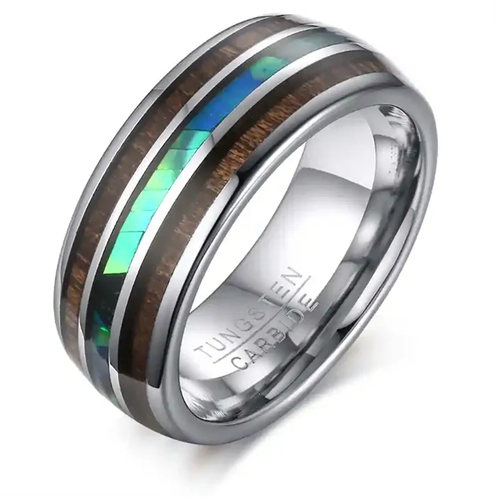 Tungstenring med Hawaiian Koa træ og abalone