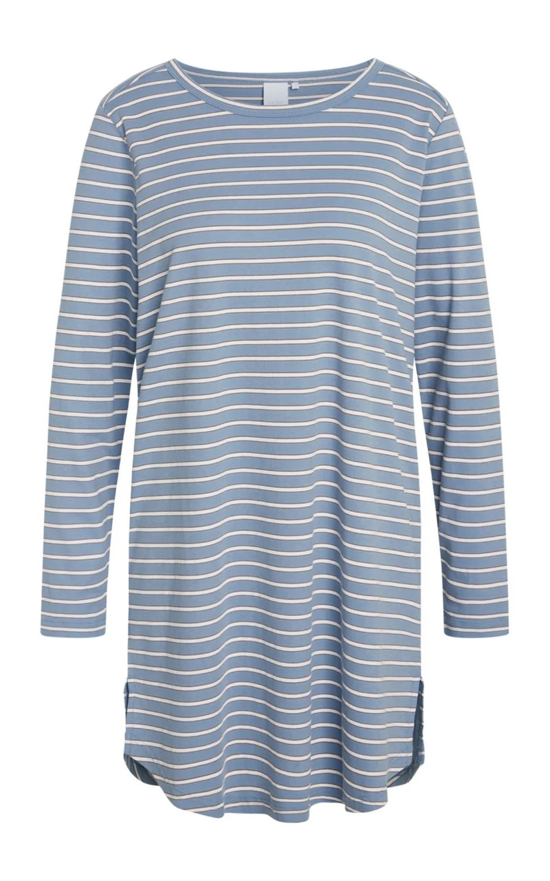Nicole Dress. Faded Denim Stripe