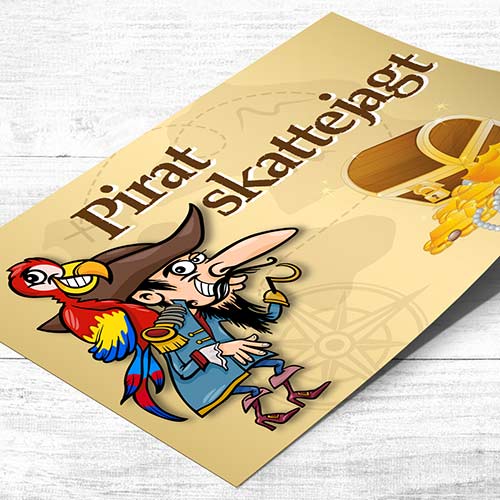 Pirat skattejagt for børn 4-5 år med sjove opgaver, spor oversigt og invitation