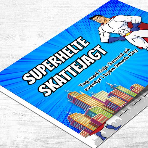 Superhelte skattejagt til børn 6-8 år med spændende opgaver, spor oversigt, invitation og diplom