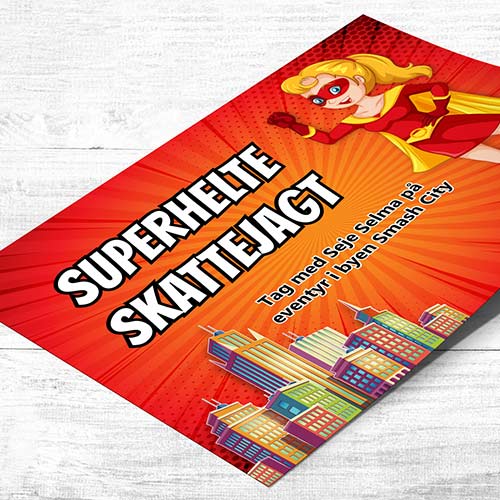 Superhelte skattejagt til børn 6-8 år med sjove opgaver, spor oversigt, invitation og diplom