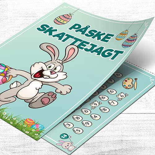 Påske skattejagt for børn 8-10 år med sjove opgaver, spor oversigt og diplom