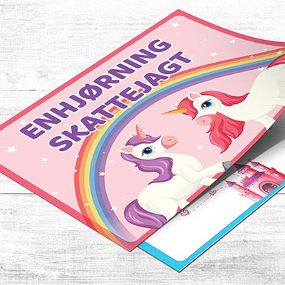 Enhjørning skattejagt til enhjørning fødselsdag til børn 4-5 år, sjove opgaver, sporoversigt, dimplom og invitation