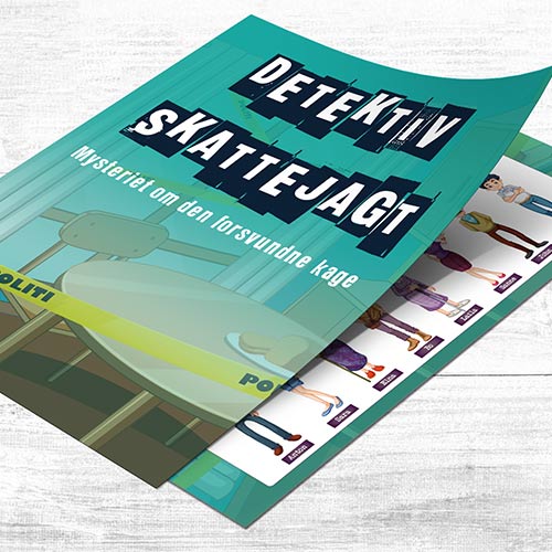 Detektiv skattejagt til børn 6-7 år. Find skurken der har stjålet klassens kage. Løs opgaver og udeluk de mistænkte