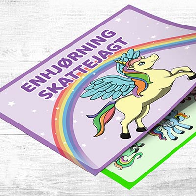 Enhjørning skattejagt til enhjørning fødselsdag til børn 6-8 år. Sjove opgaver, sporoversigt, diplom og invitation