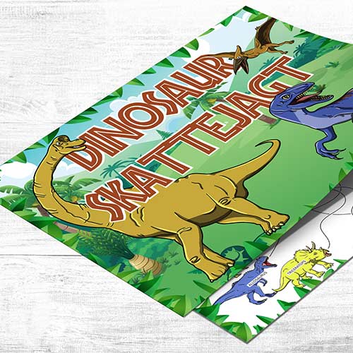Dinosaur skattejagt til børn 6-8 år med sjove opgaver, spor oversigt, diplom og invitation