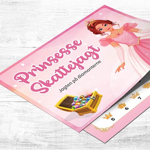 Prinsesse skattejagt til prinsesse fødselsdag til børn 6-8 år med sjove opgaver, sporoversigt, diplom og invitation