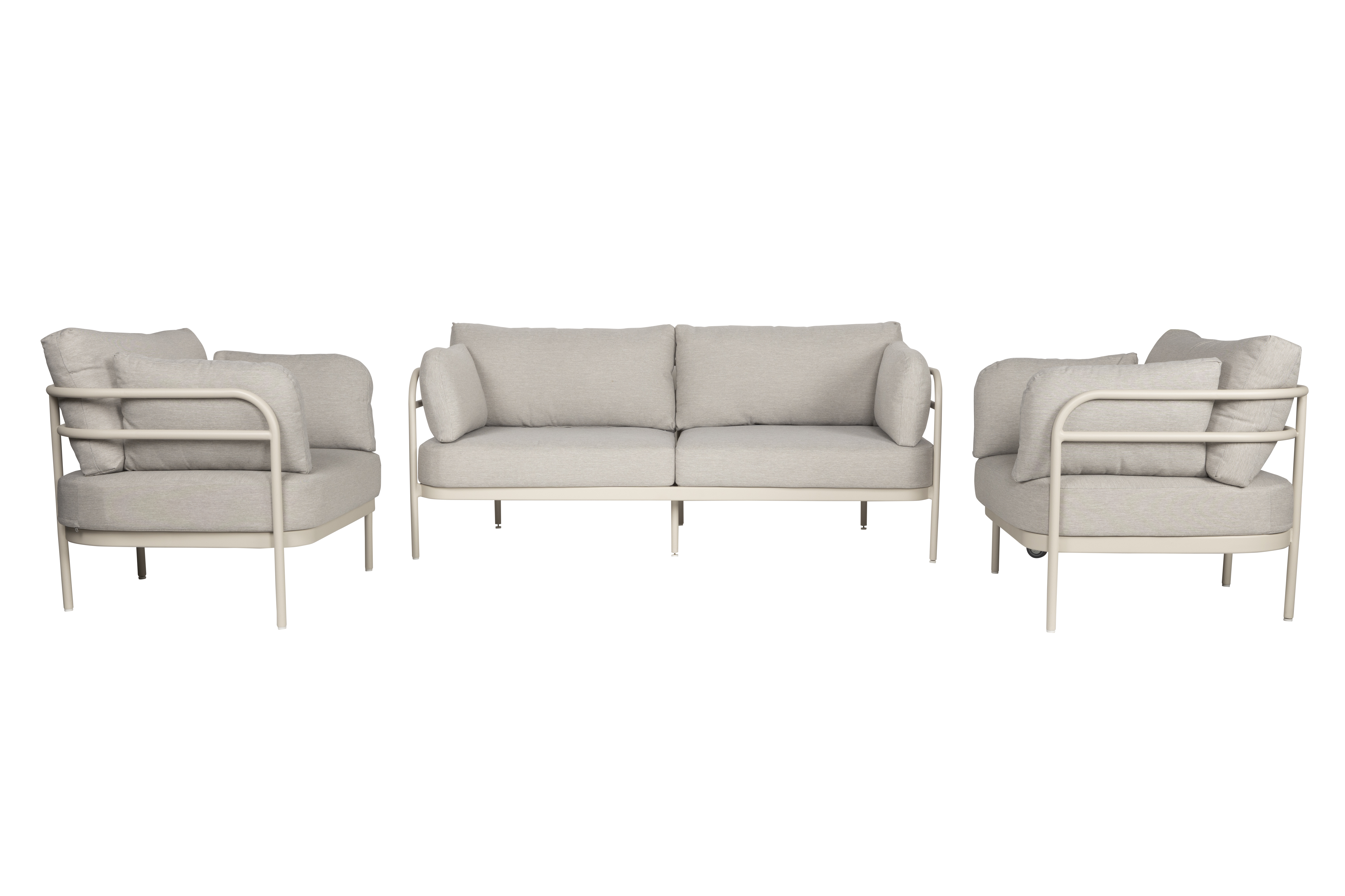 ZUIVER Vista udendørs loungesæt, m. 1 sofa, 2 stole og hynder i olefinstof - beige aluminium