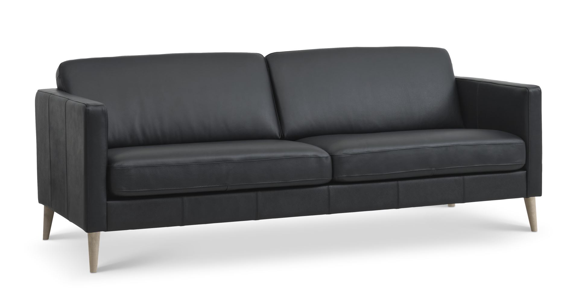 Ask 3 pers. sofa - sort semianilin læder og natur træ