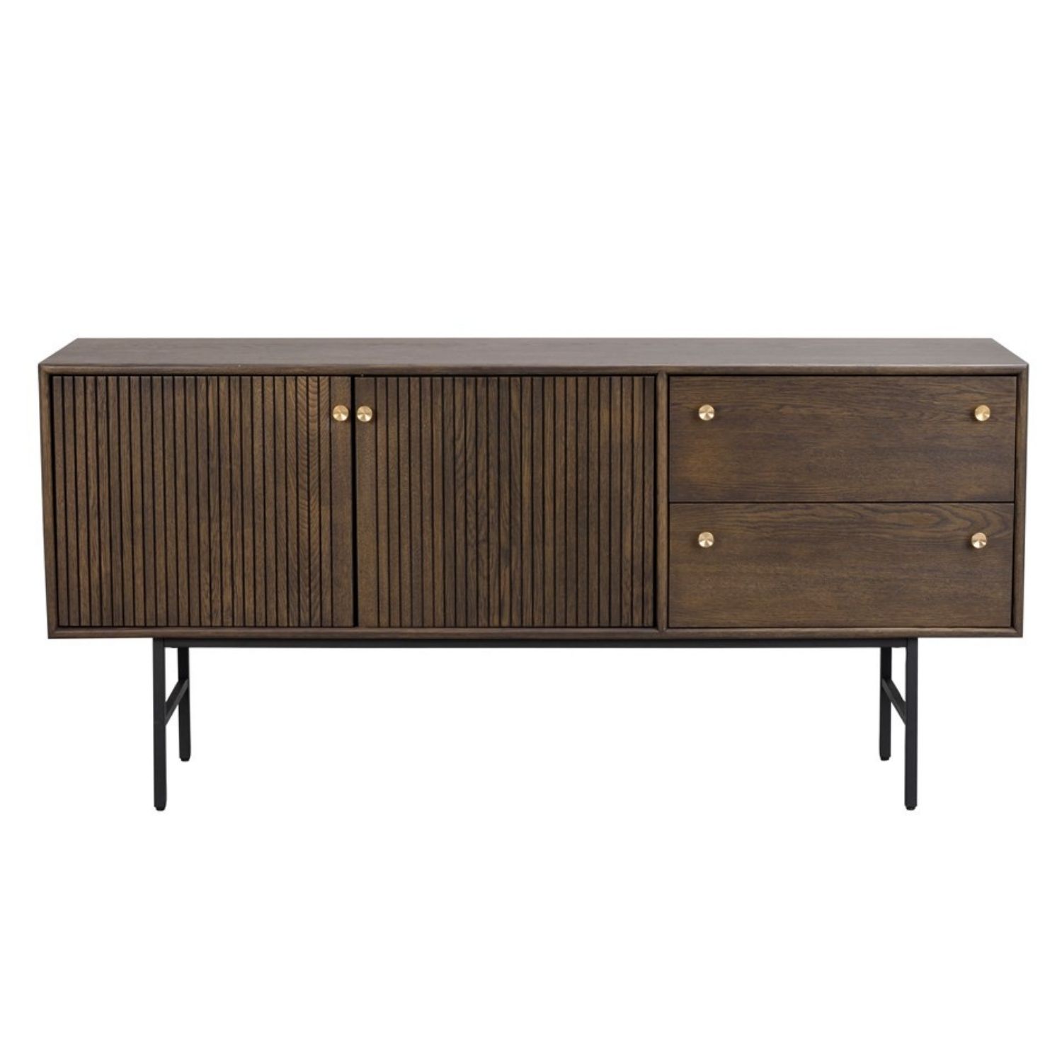 ROWICO Clearbrook skænk, m. 2 låger og 2 skuffer - brun træ og sort metal (160x75)