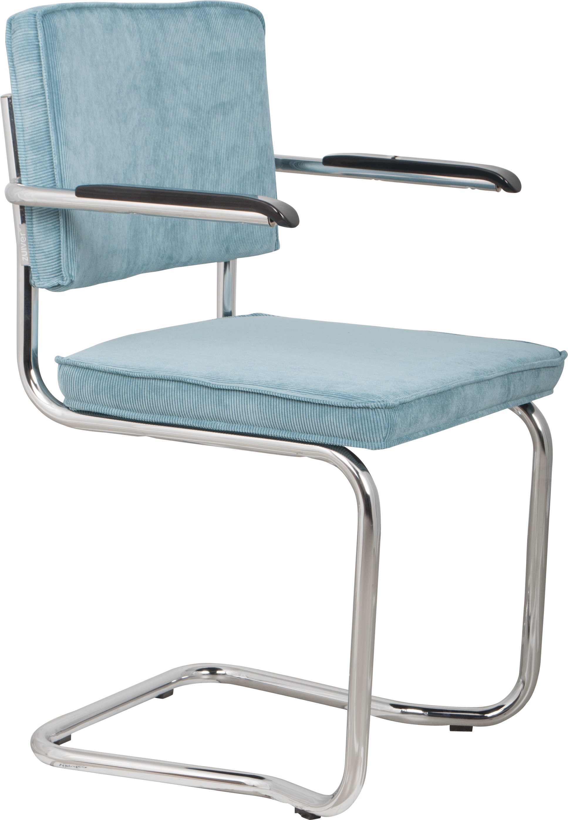 ZUIVER Ridge Rib Kink spisebordsstol, m. armlæn - blå fløjl polyester/nylon og sølv krom