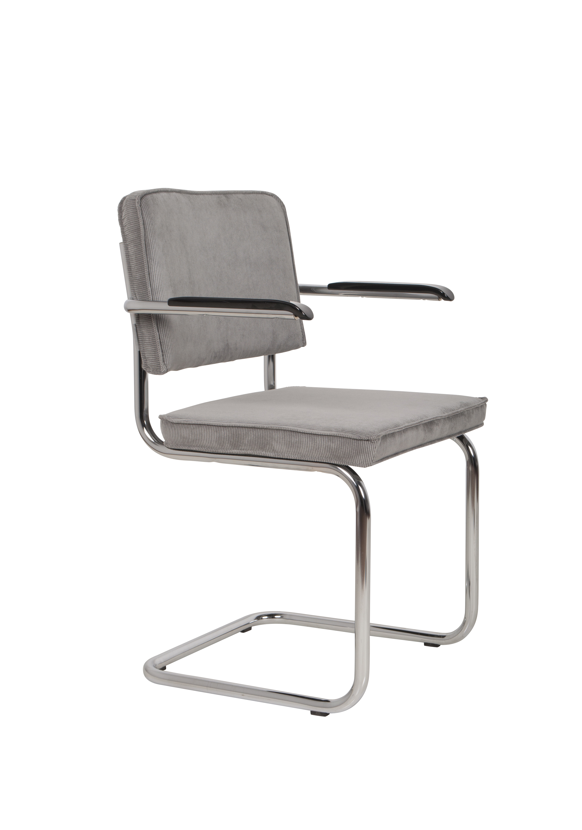 ZUIVER Ridge Rib spisebordsstol, m. armlæn - lysegrå fløjl polyester og sølv krom