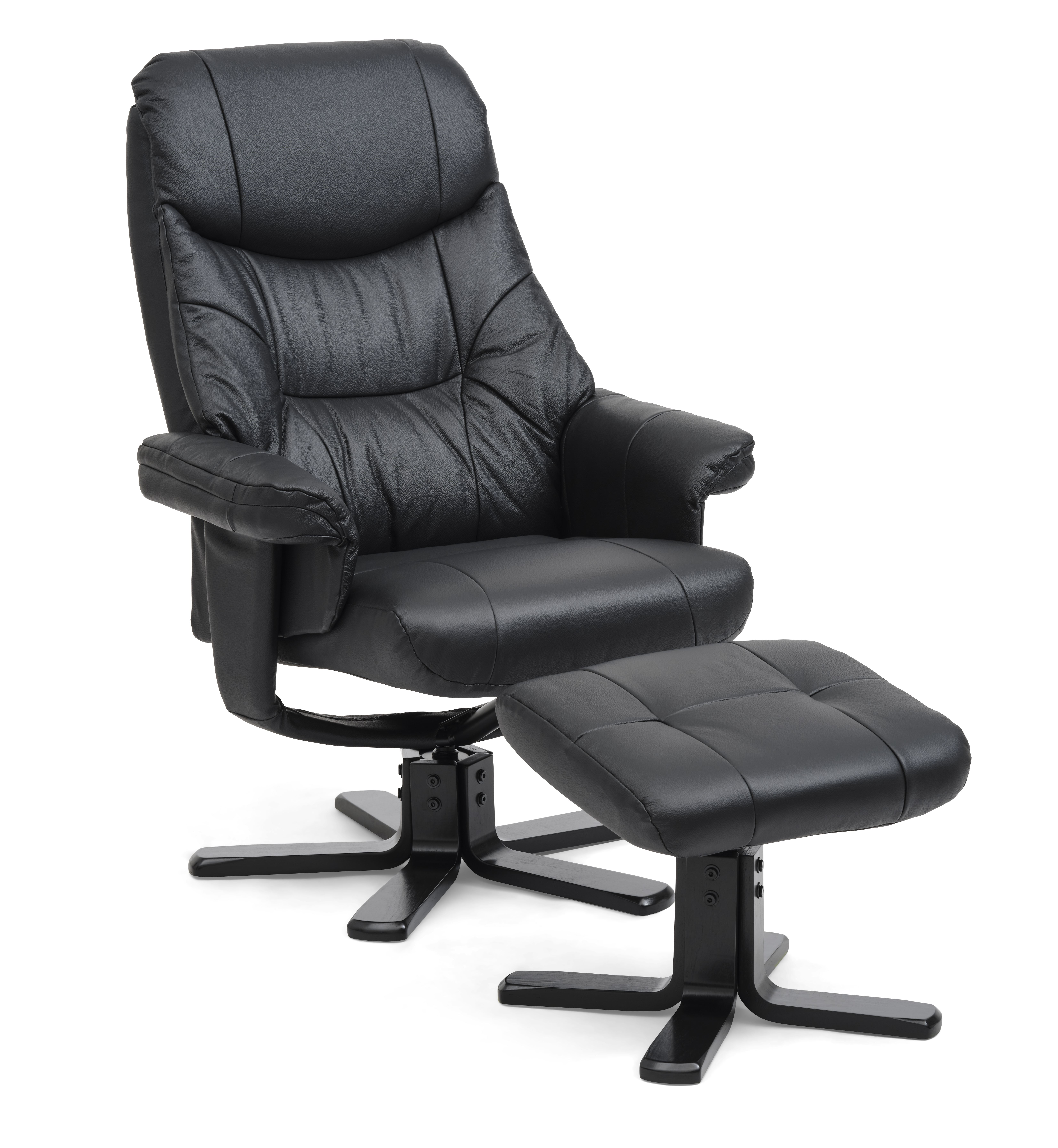 Cosy recliner lænestol, inkl. fodskammel - sort læder, kunstlæder og sort træ