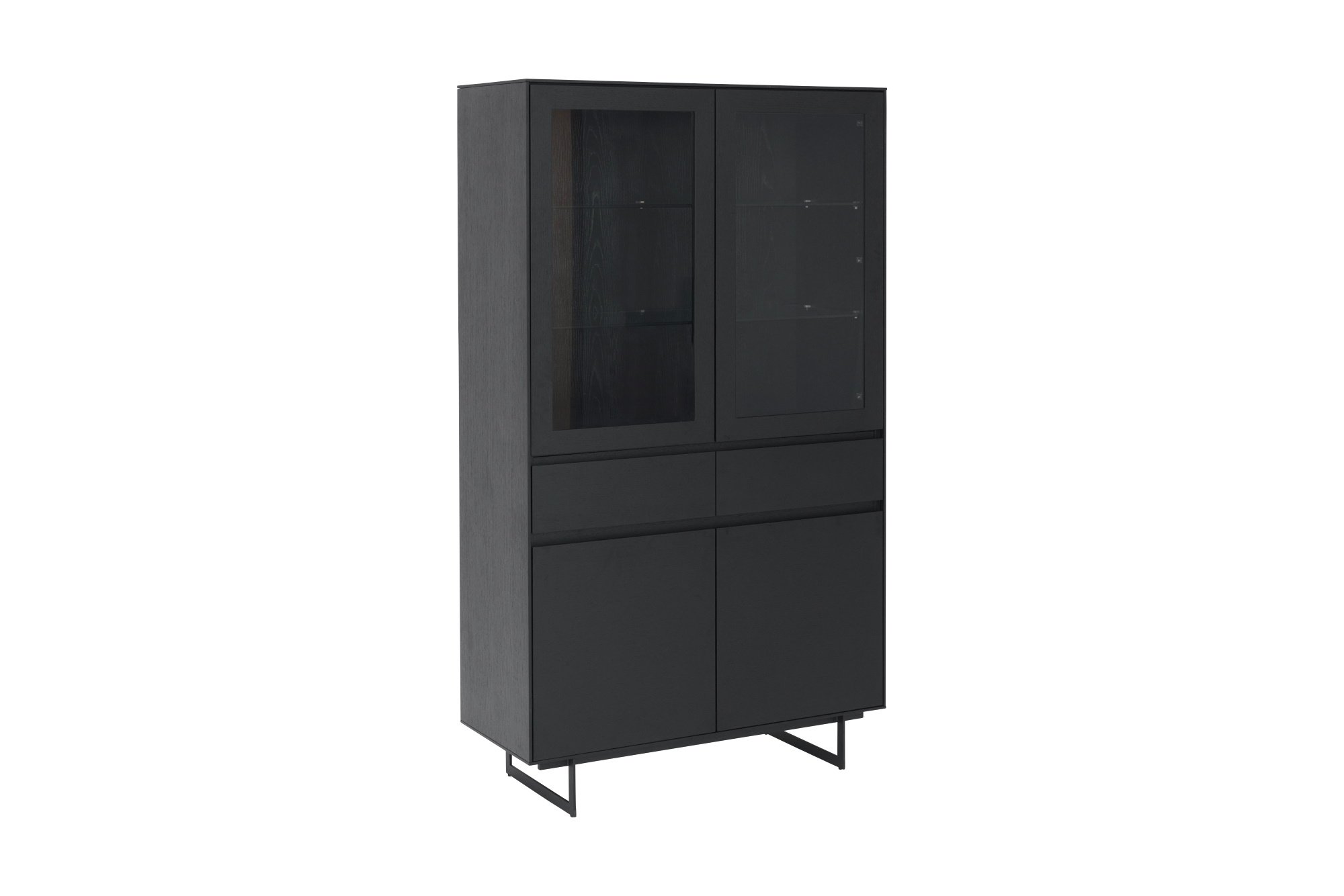 Tokyo vitrineskab, m. 4 låger, 2 skuffer, hylder, LED lys - glas, sort egefinér og metal