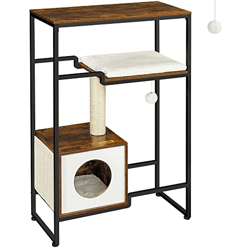 FEANDREA kradsetræ, 3 niveauer, 1 hylde, 1 platform, 1 hule - plys, sisal, rustik brun spånplade