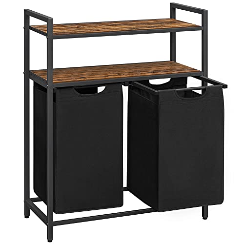 VASAGLE vasketøjskurv, m. 2 rum og 2 hylder - brun MDF og sort stof/stål