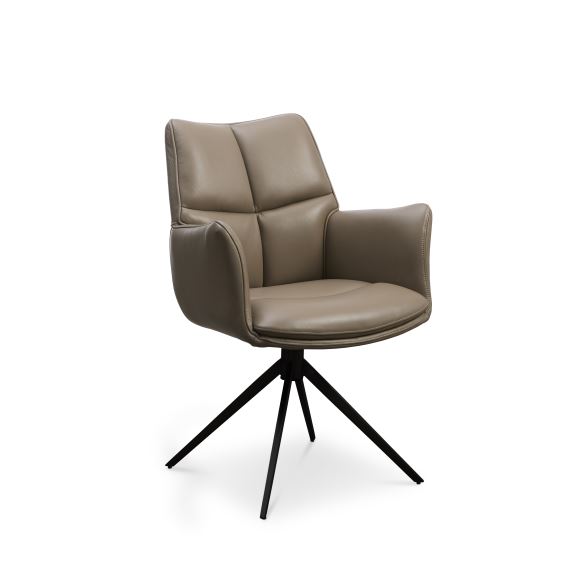 Lily spisebordsstol, m. armlæn og drejefunktion - nougat læder og sorte ben