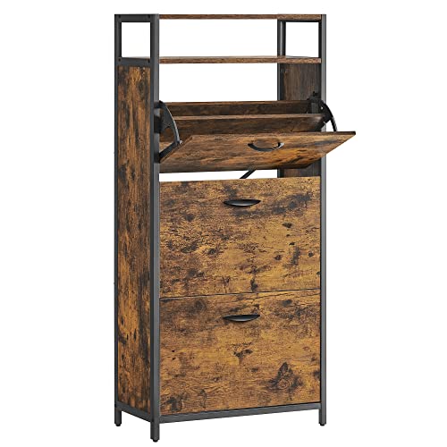 VASAGLE skoskab, m. 3 klaplåger, og 1 rum - brun spånplade og sort stål