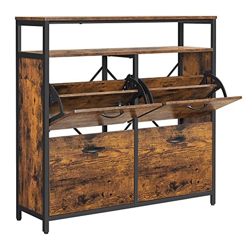 VASAGLE skoskab, m. 4 klaplåger og 1 hylde - rustik brun spånplade og sort stål